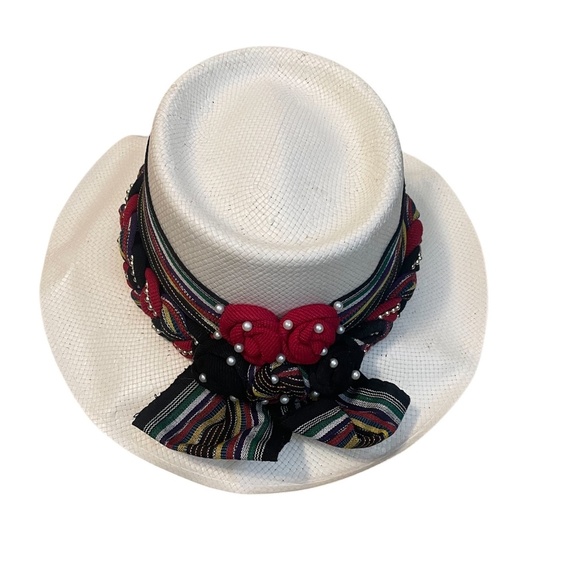 WOMEN\'S HATLANT WHITE RAINBOW/PEARL BEADED BRAIDED BAND SUN‎ HAT main image 5